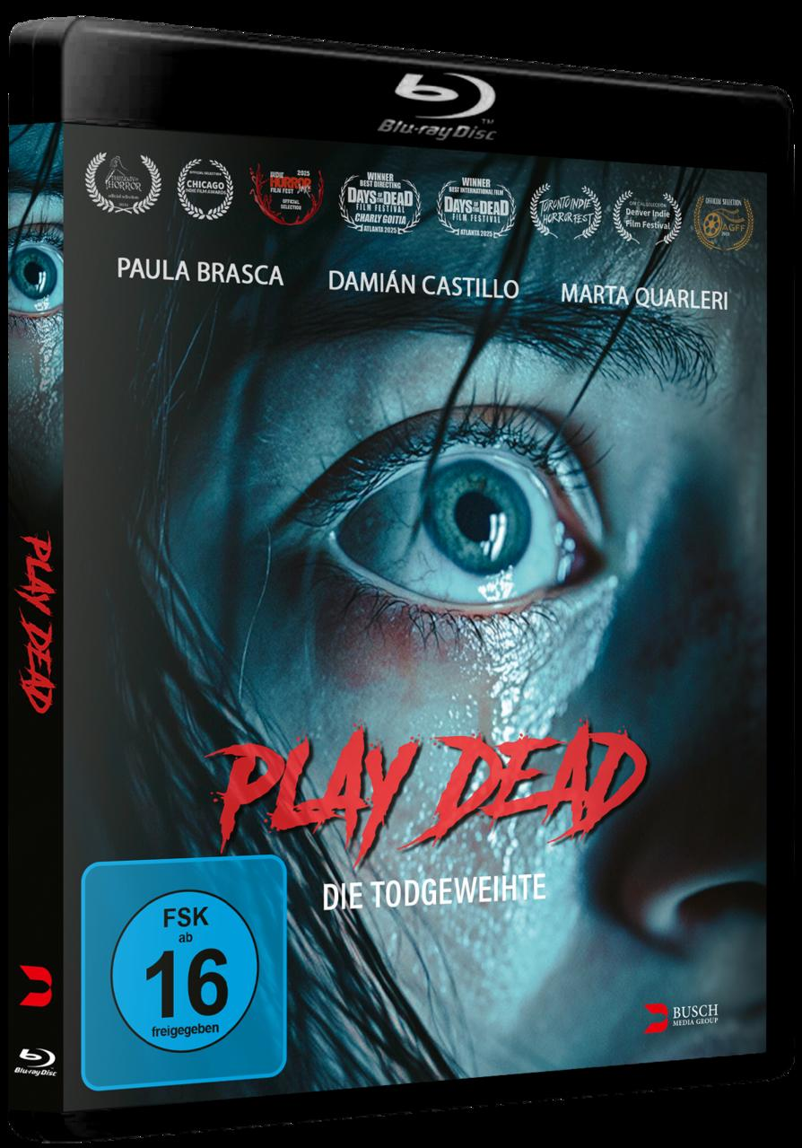 Blu-ray-Cover: Augendetail, Titel 'Play Dead', Schauspielernamen. Enthält Altersfreigabe und Filmfestival-Auszeichnungen.