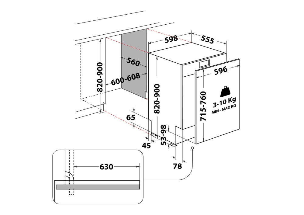 Diagramm einer Spülmaschine mit Abmessungen in Millimetern, einschließlich Höhe, Breite und Tiefe. Die Tür ist geöffnet.