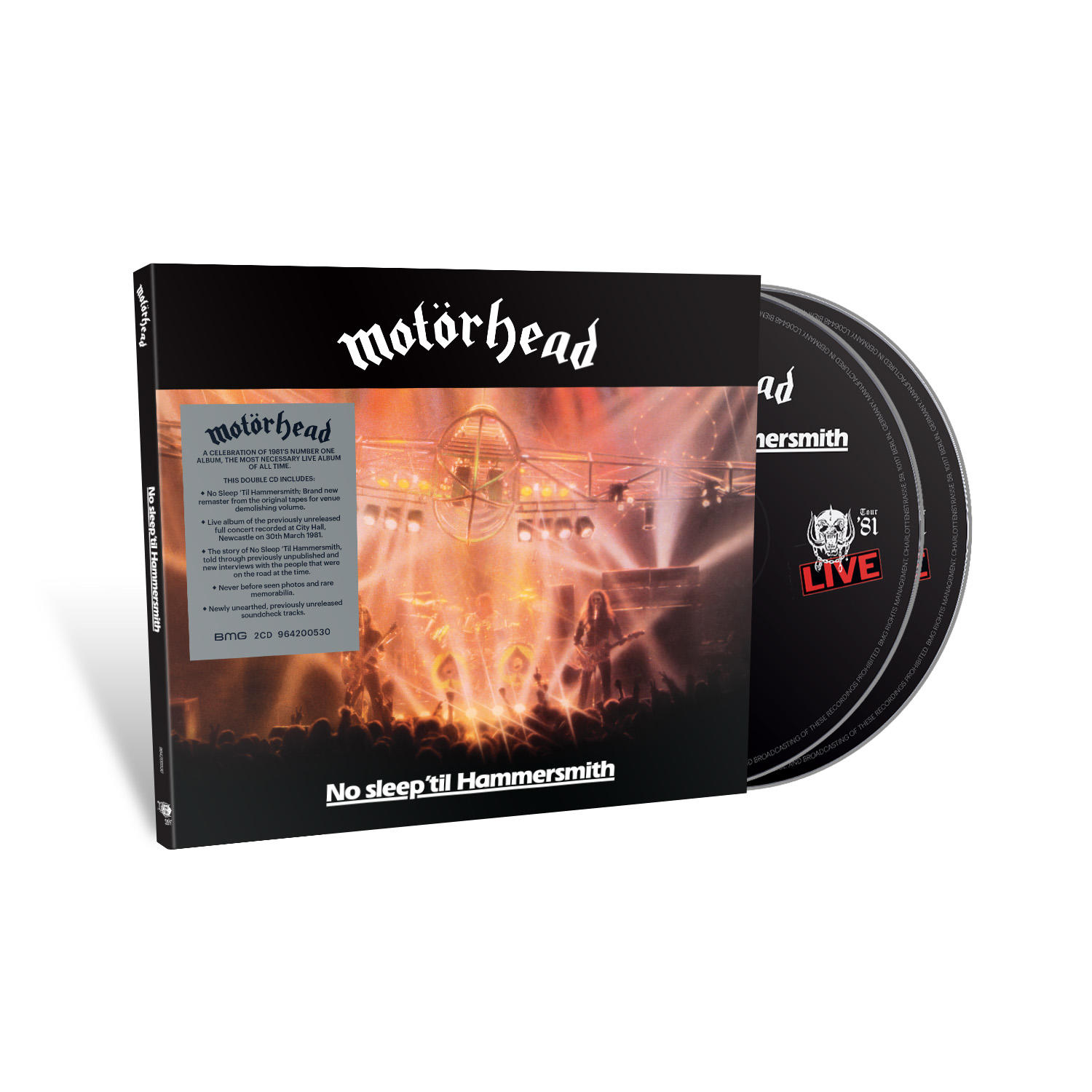 CD von Motörhead 'No Sleep 'til Hammersmith'. Albumcover zeigt Live-Konzertbild mit Bandmitgliedern.
