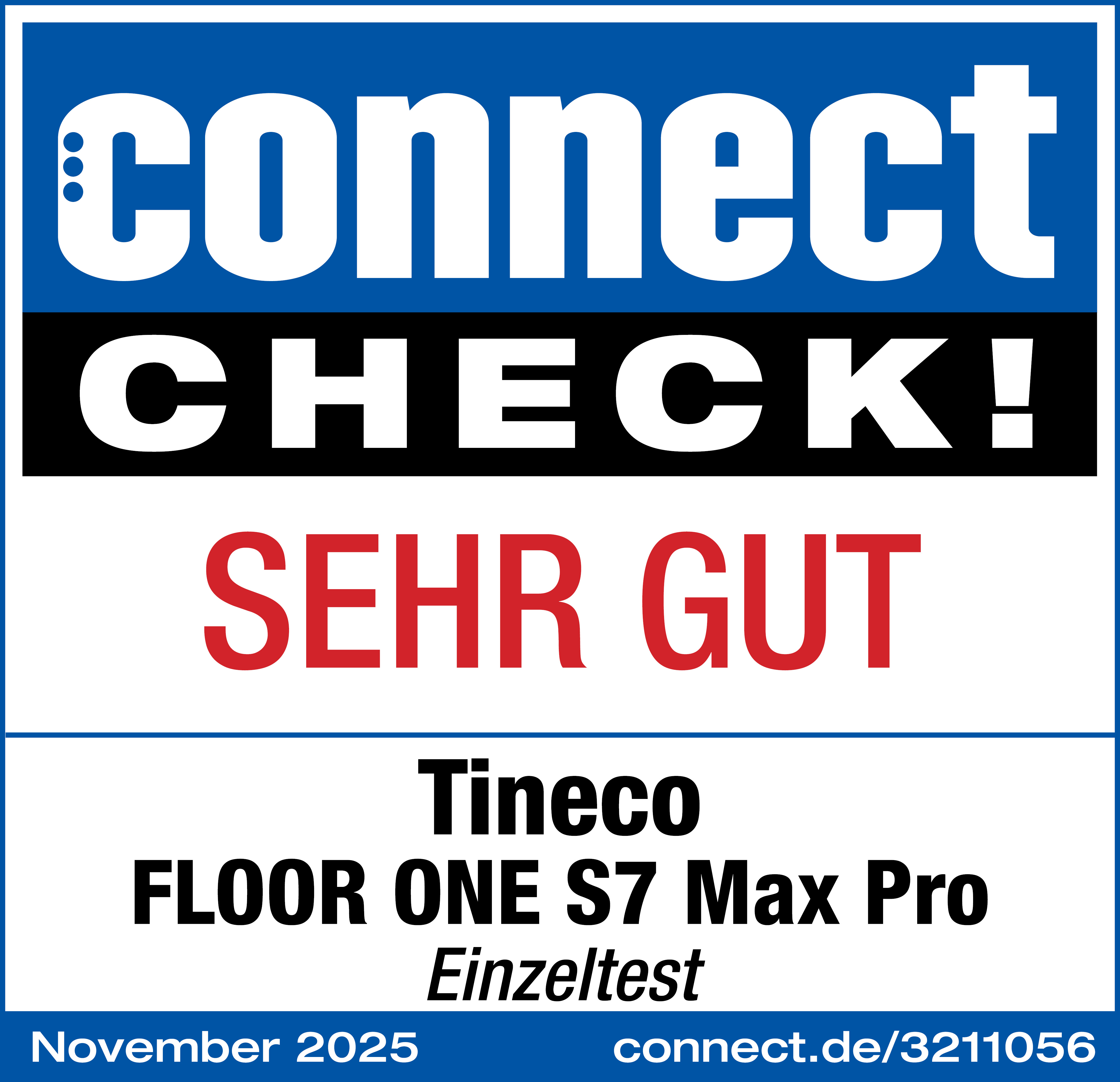 Das Bild zeigt ein Produkttestergebnis. Es enthält den Text 'connect CHECK!', 'SEHR GUT' und Produktdetails.