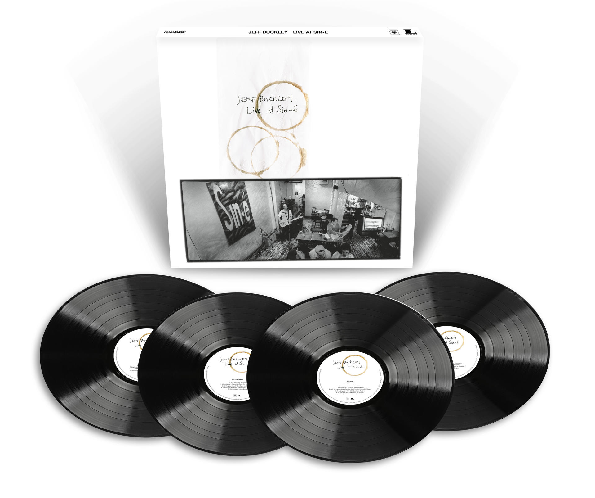 Albumcover und Schallplatten von Jeff Buckleys 'Live at Sin-é'. Das Cover zeigt Kaffeeringe und ein Schwarz-Weiß-Bild.