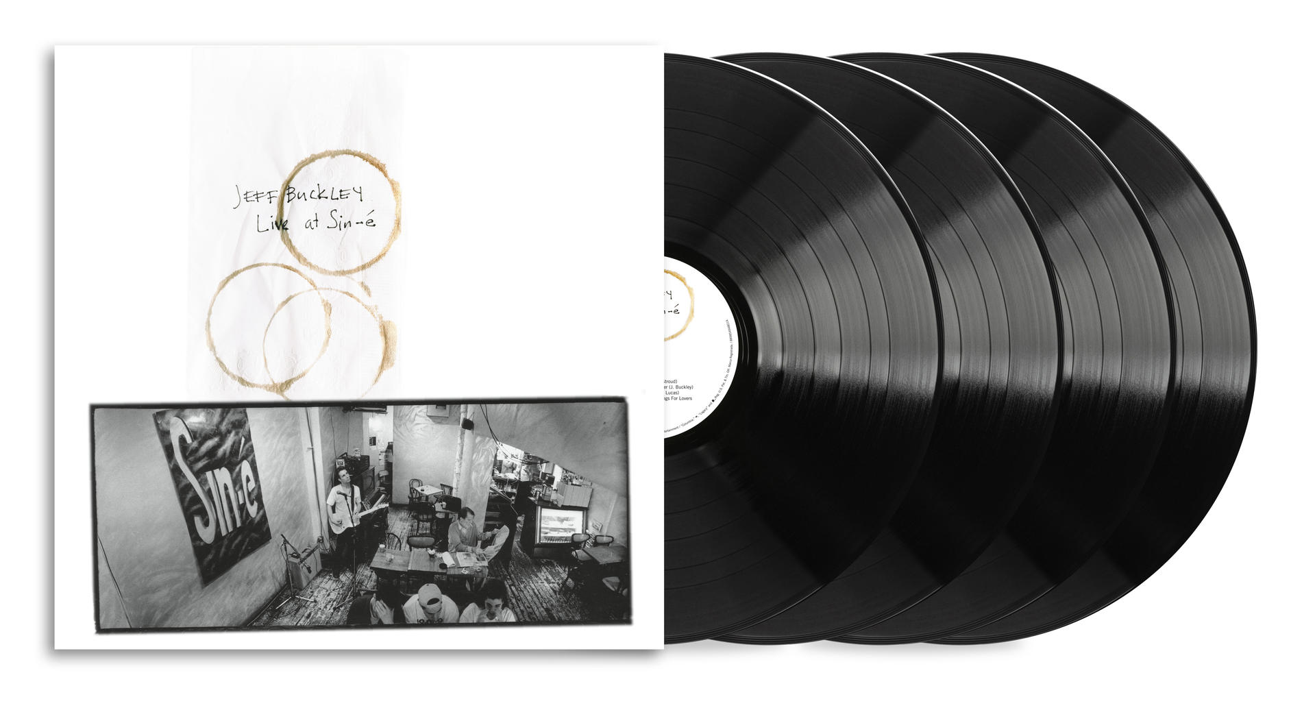 Albumcover: Jeff Buckley 'Live at Sin-é' mit vier Schallplatten. Das Cover hat Kaffeeflecken und ein Schwarz-Weiß-Foto einer Aufführung.