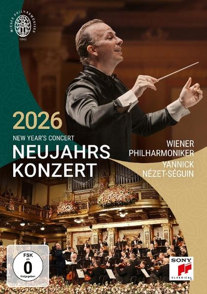 Ein Dirigent leitet ein Orchester. Das Bild enthält Text: 2026 Neujahrskonzert, Wiener Philharmoniker und das Sony Classical Logo.