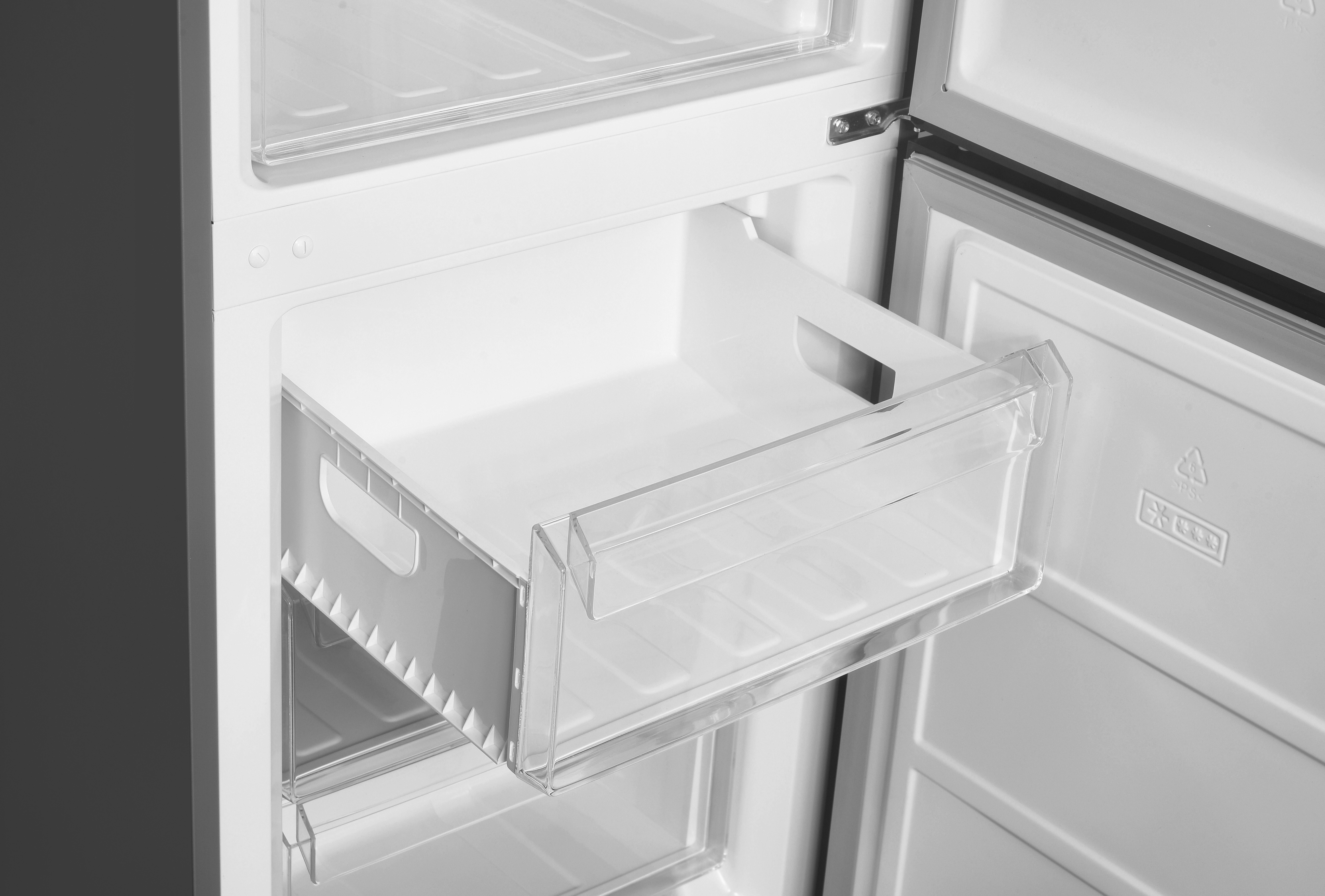Open refrigerator with a transparent drawer pulled out. White interior with a dark gray side panel.