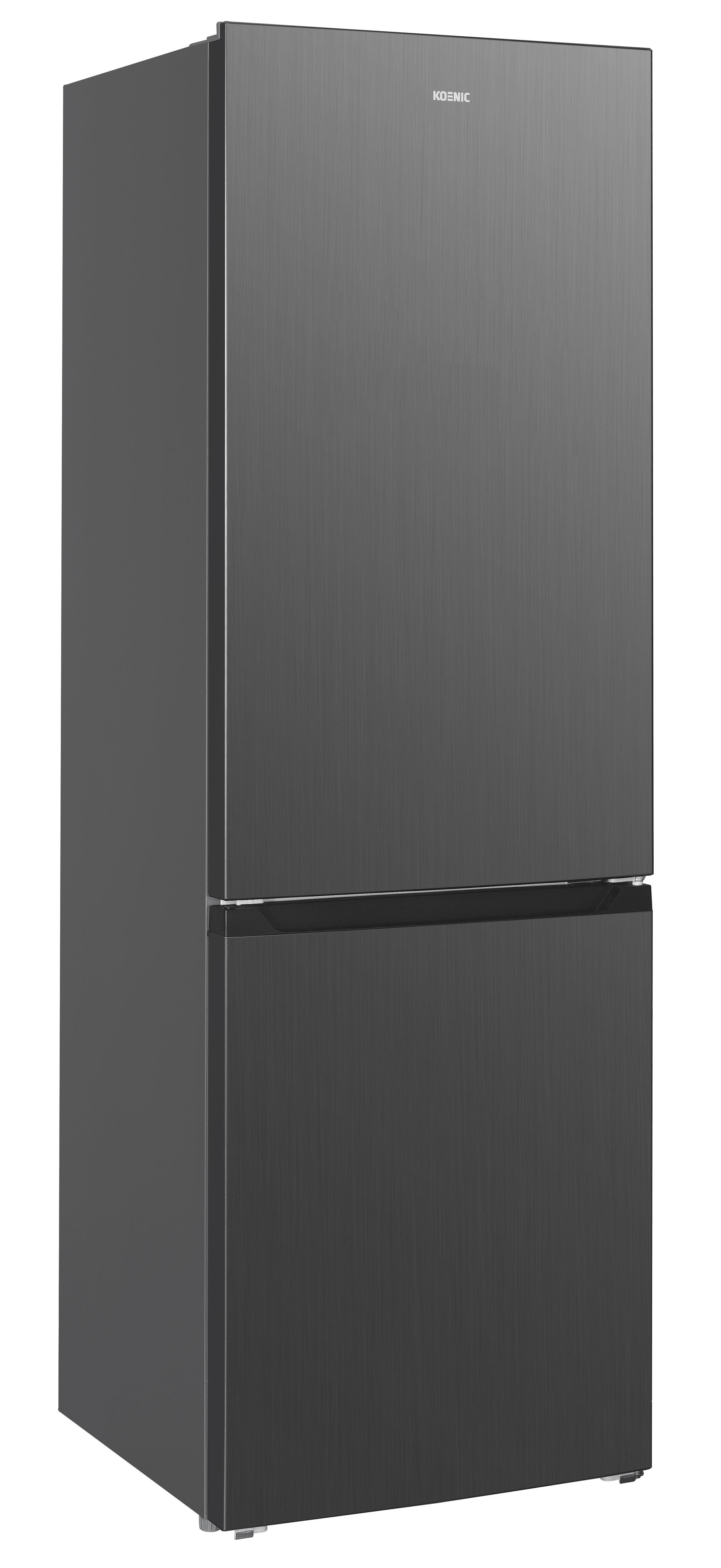 A dark gray Koenic refrigerator. It is a two-door model with a brushed metal finish, set against a white background.