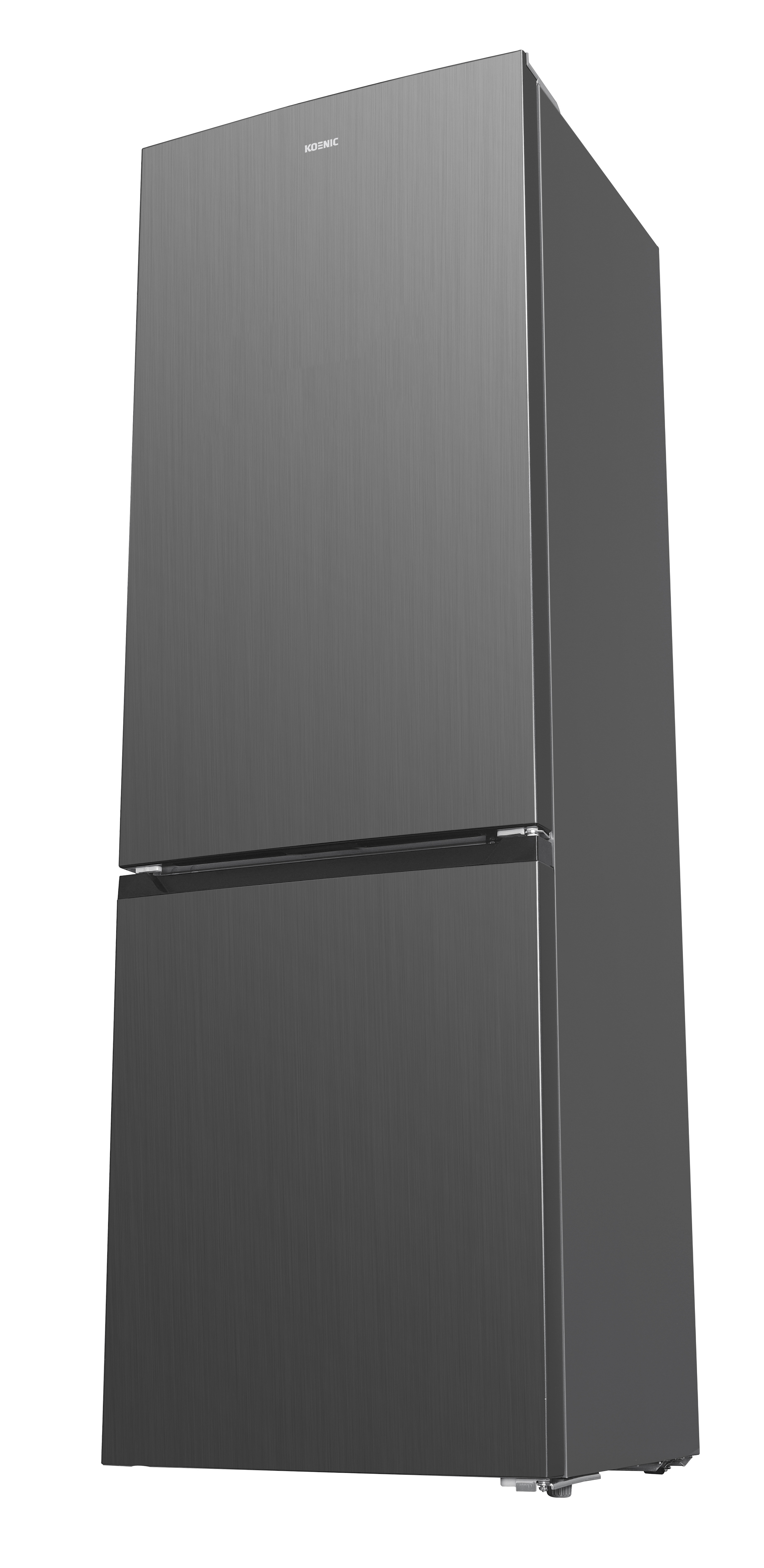 A gray refrigerator with the brand name 'KOENIC' is shown. It has two doors and is set against a white background.