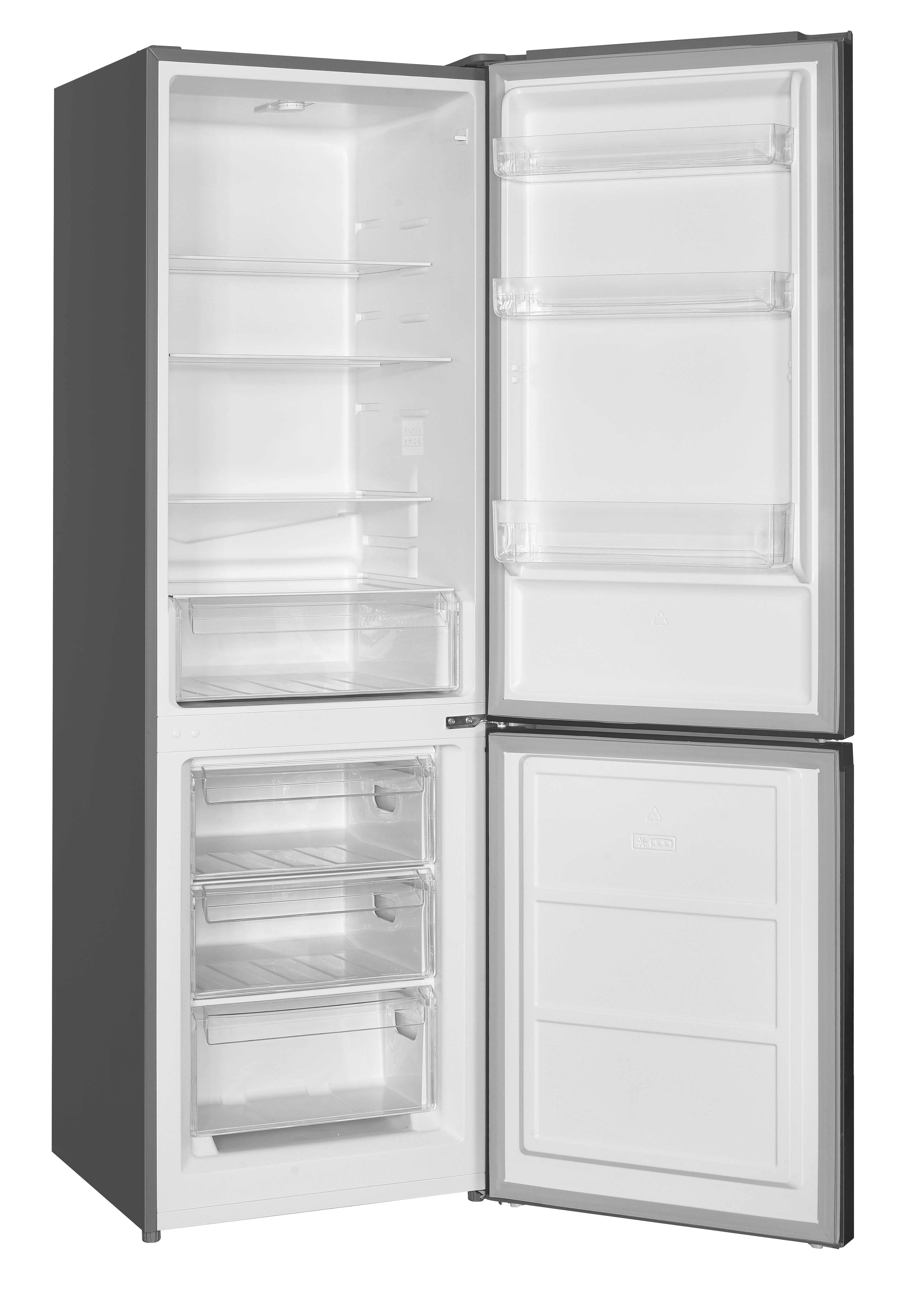 Open refrigerator, gray exterior. Interior is white with shelves and drawers. One door is open, revealing the inside.