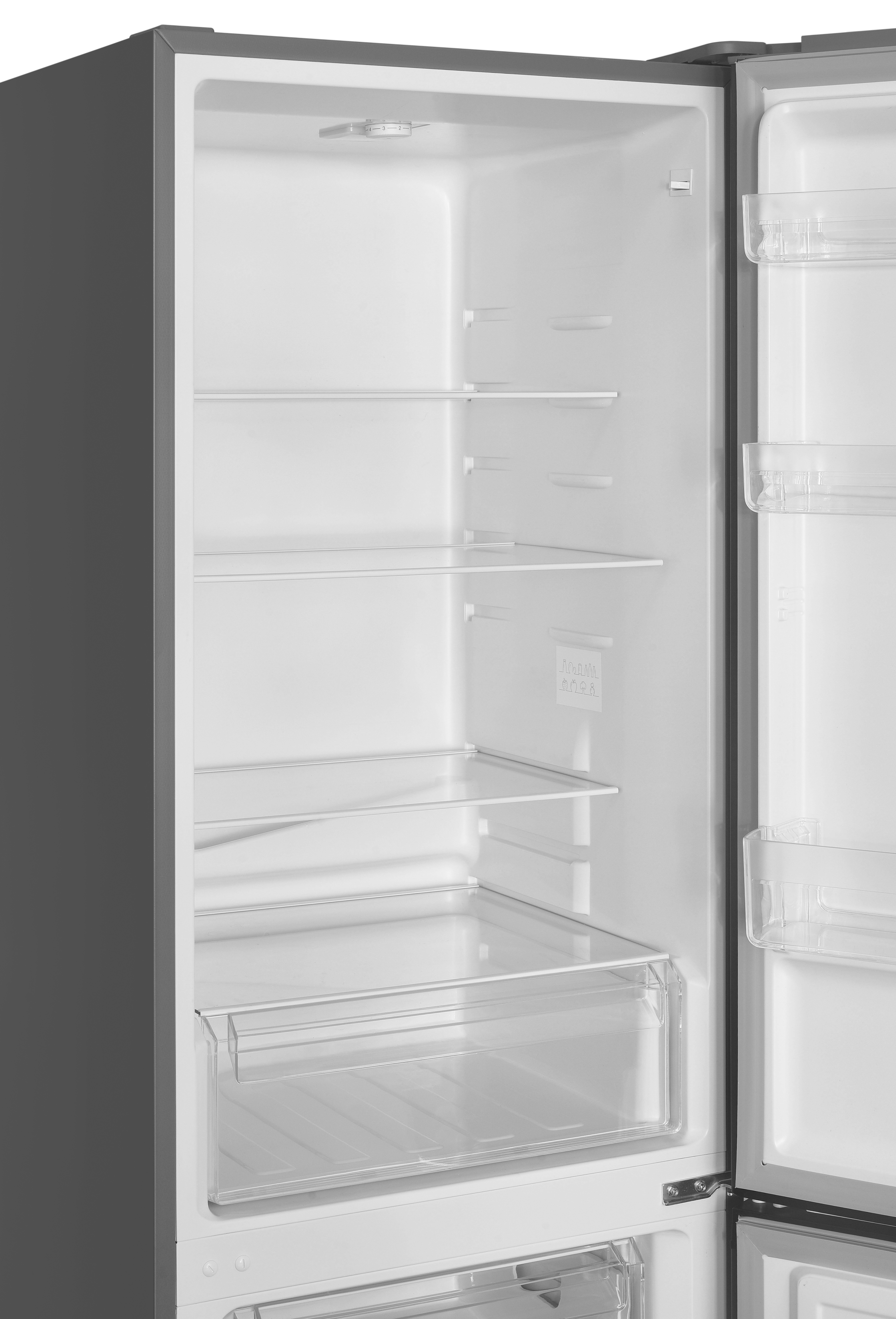 Open refrigerator interior with shelves and drawers. Gray exterior, white interior. Empty, clean, and ready for use.