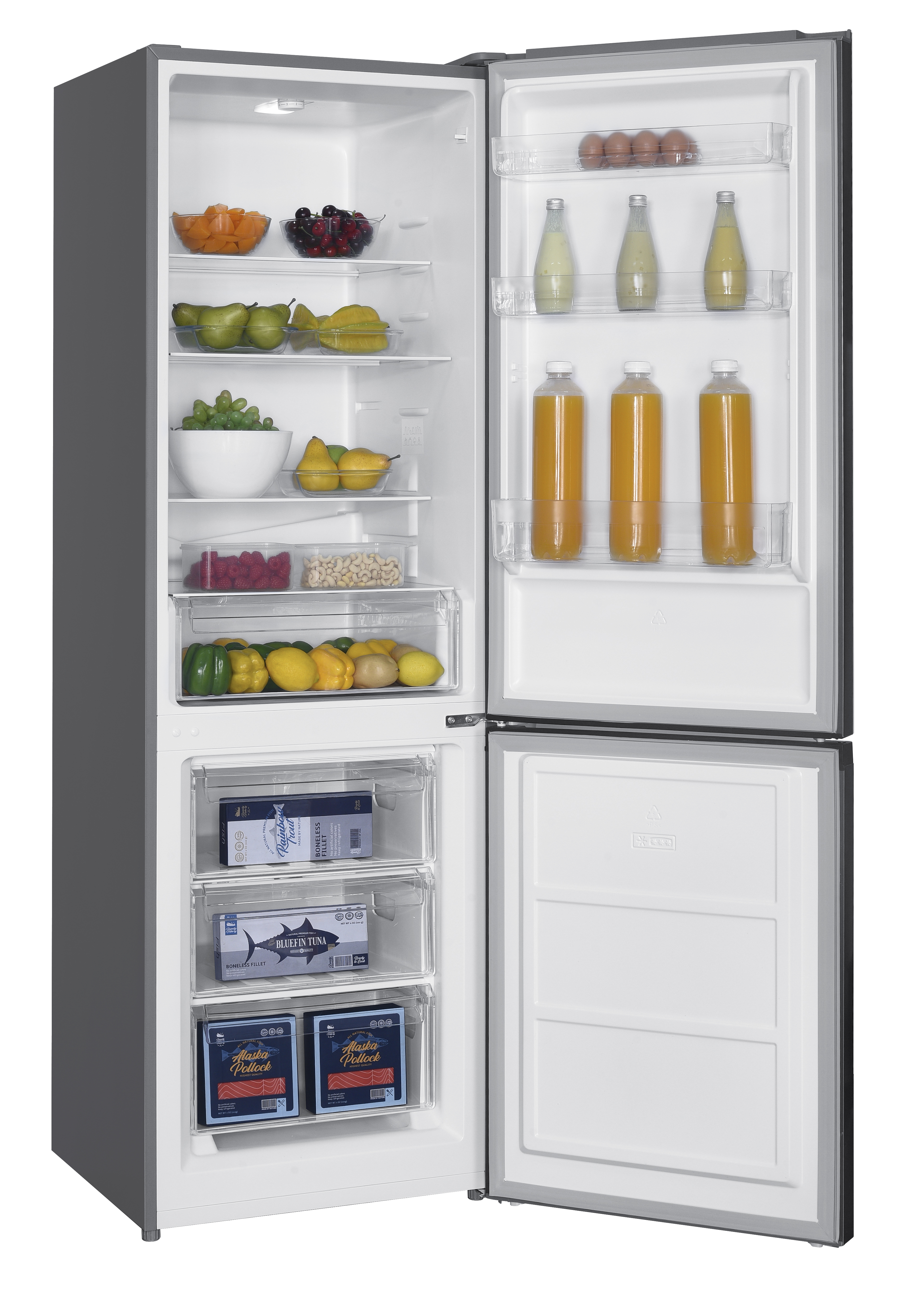 Open refrigerator filled with fruits, vegetables, drinks, and fish. Upper part holds eggs and beverages. Lower part holds fish.