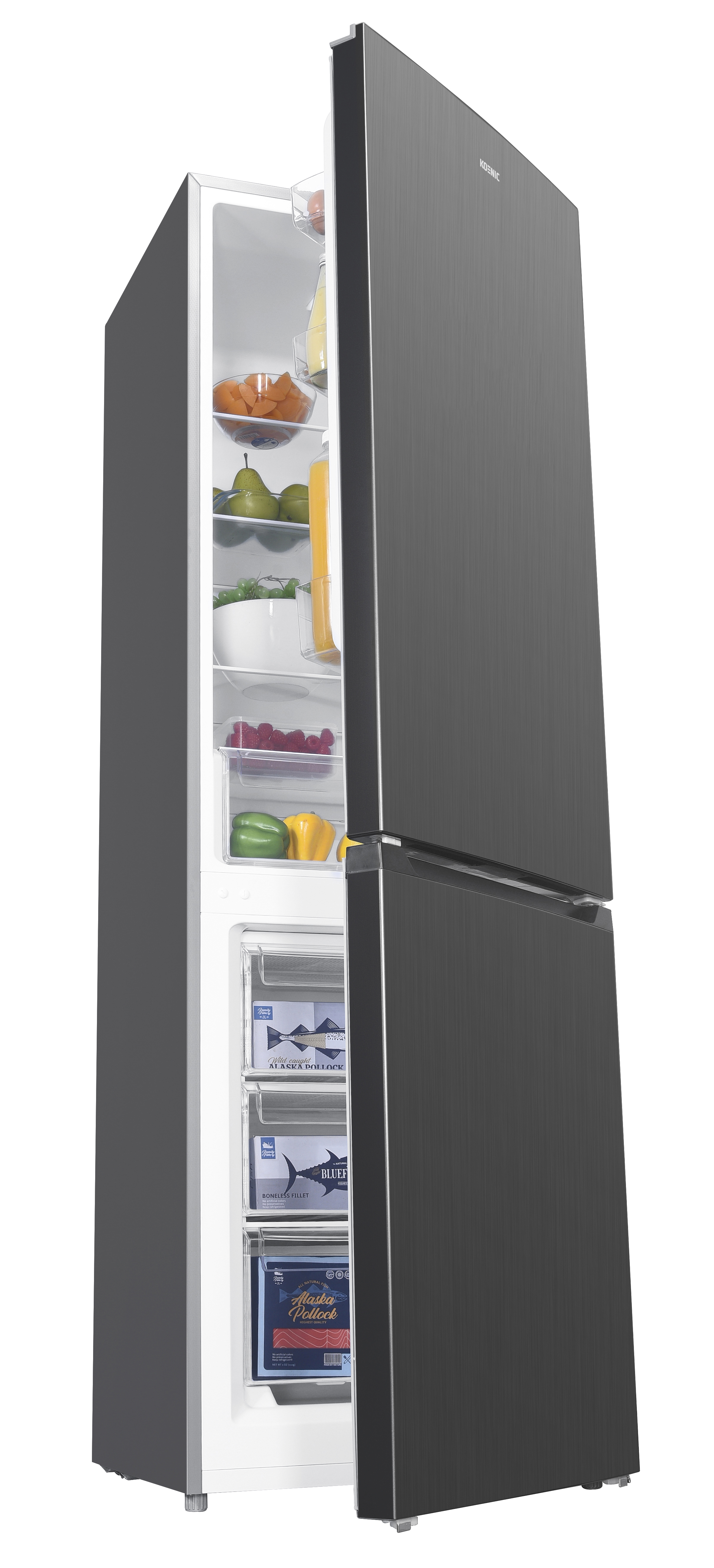 Open refrigerator, filled with fruits, vegetables, and fish. Gray metallic door, white interior. Food visible on shelves and drawers.