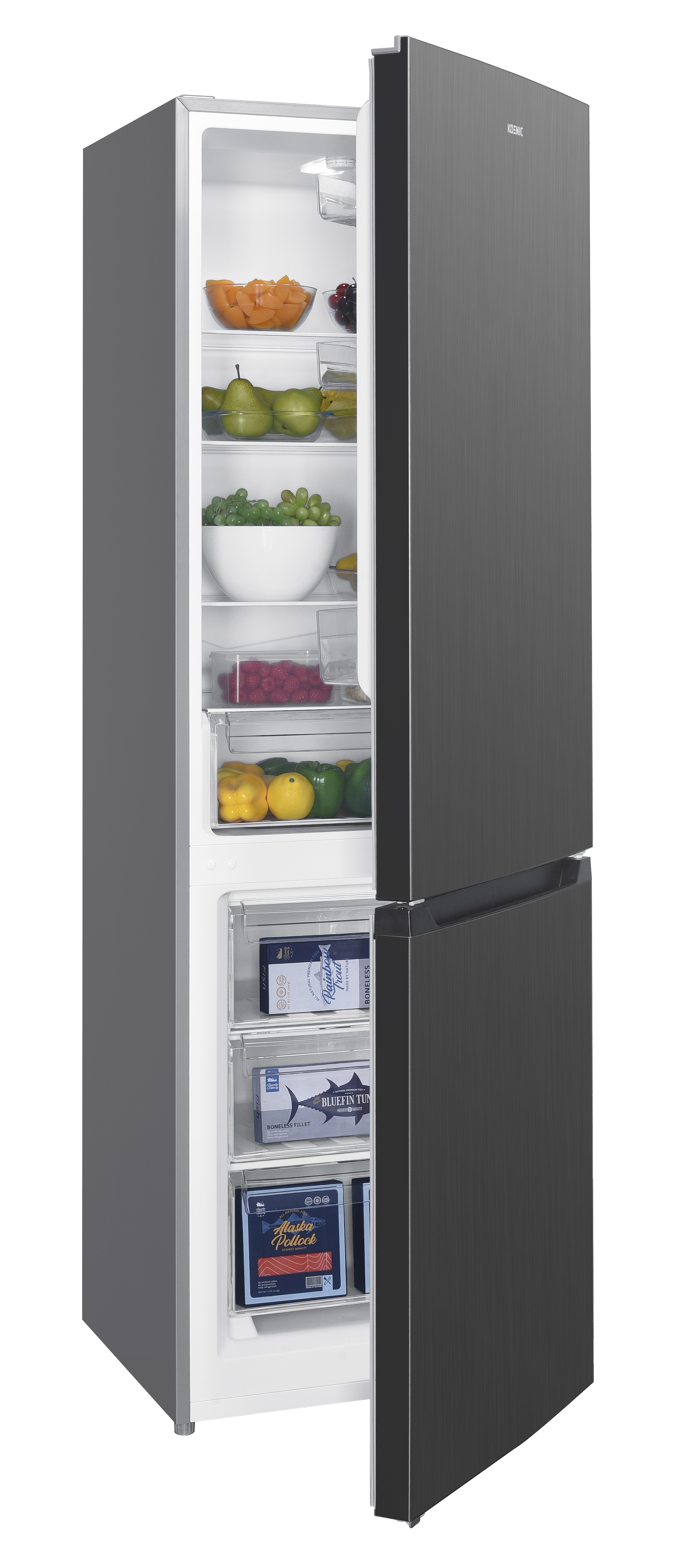 Open refrigerator with fruits and vegetables, and fish products. The fridge door is open, showing shelves filled with food.