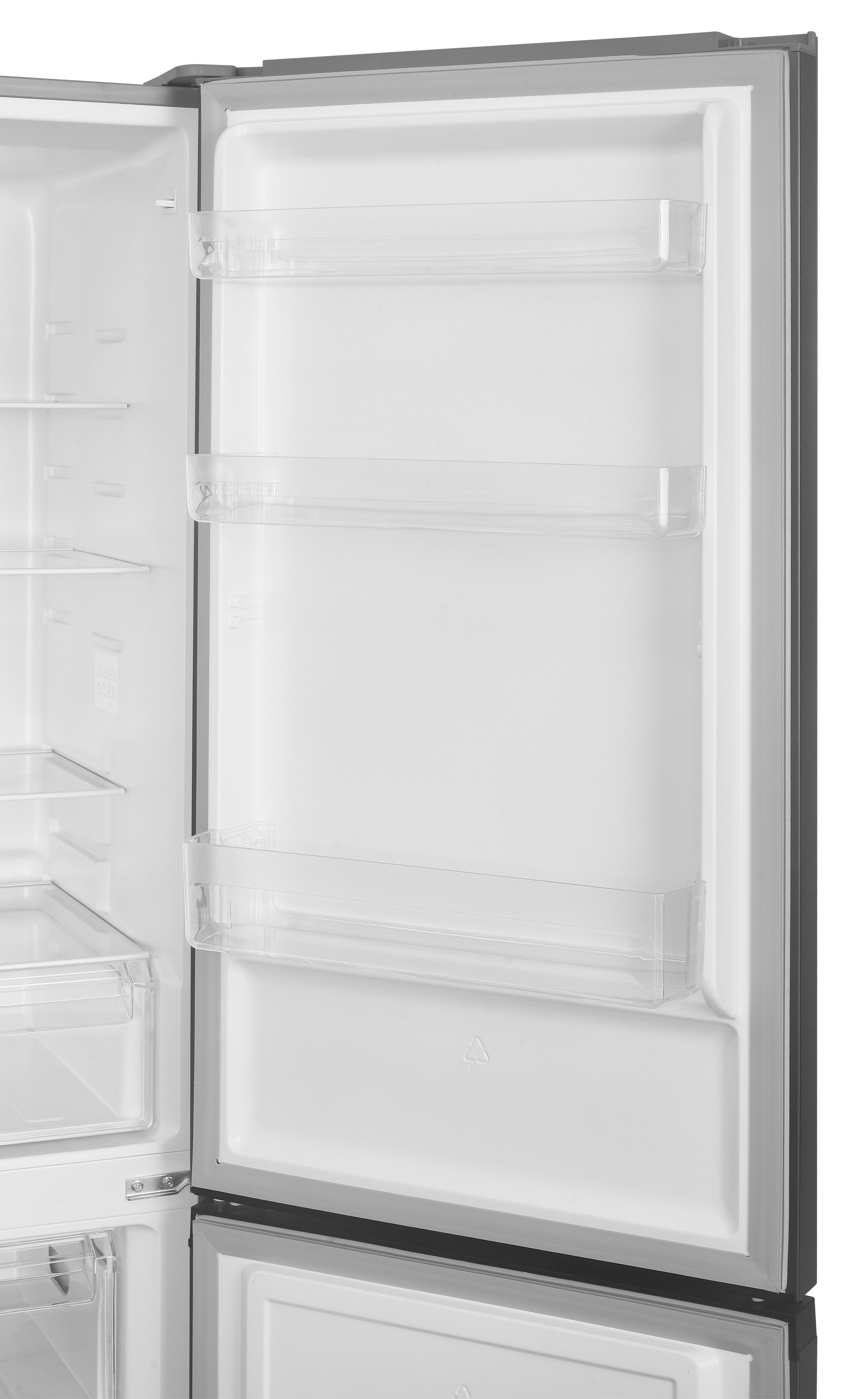 Open refrigerator door. Visible shelves and compartments inside. Gray trim and white interior. Clear plastic shelves.
