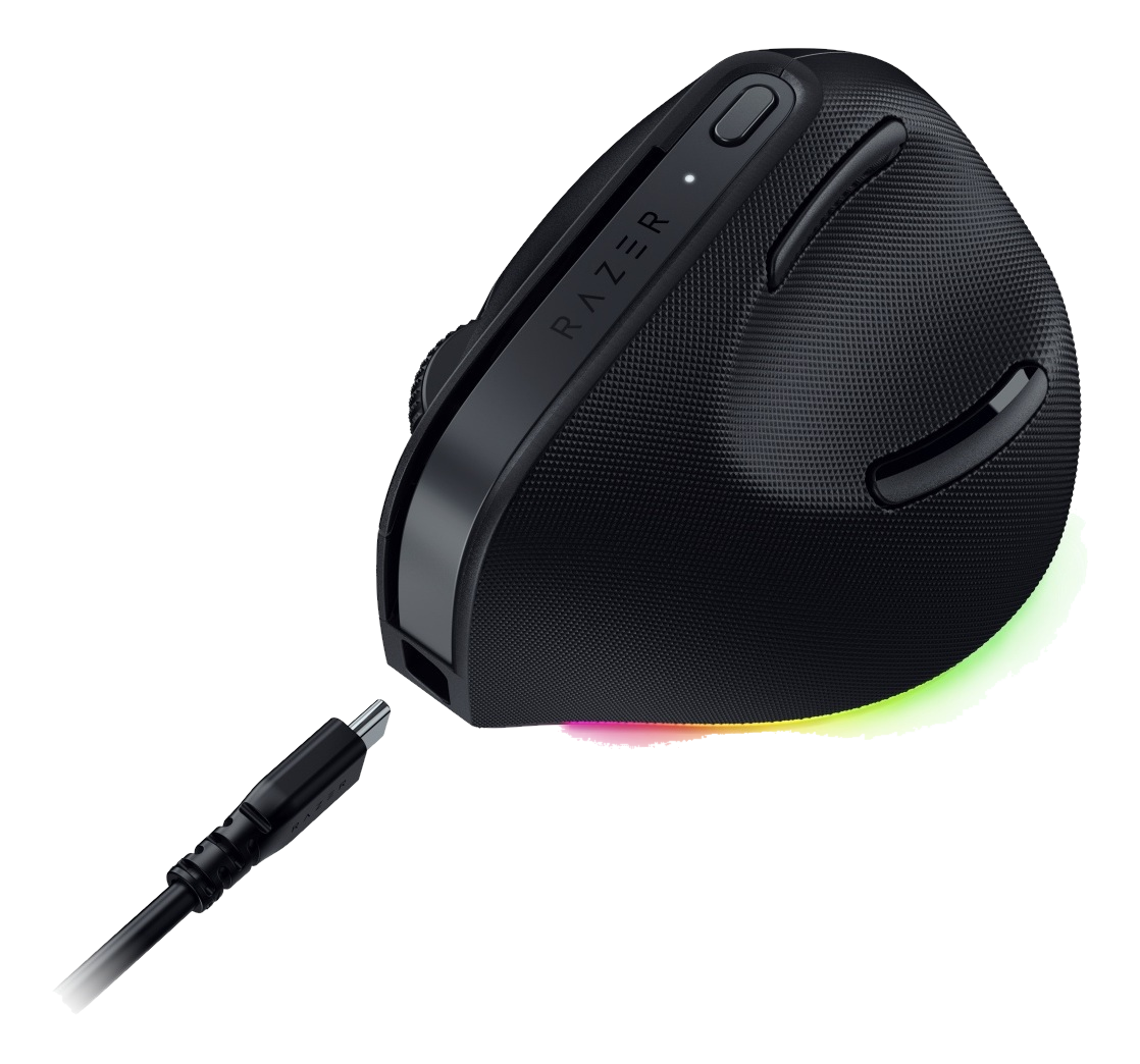 Mouse Razer nero con cavo di ricarica. Il mouse ha lati strutturati e il logo Razer. Si illumina con colori arcobaleno alla base.