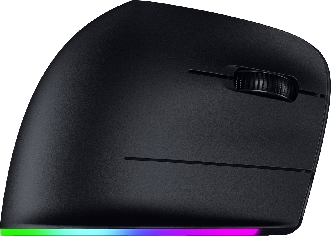 Mouse ergonomico nero con rotella, pulsanti laterali e striscia LED colorata sul bordo inferiore.