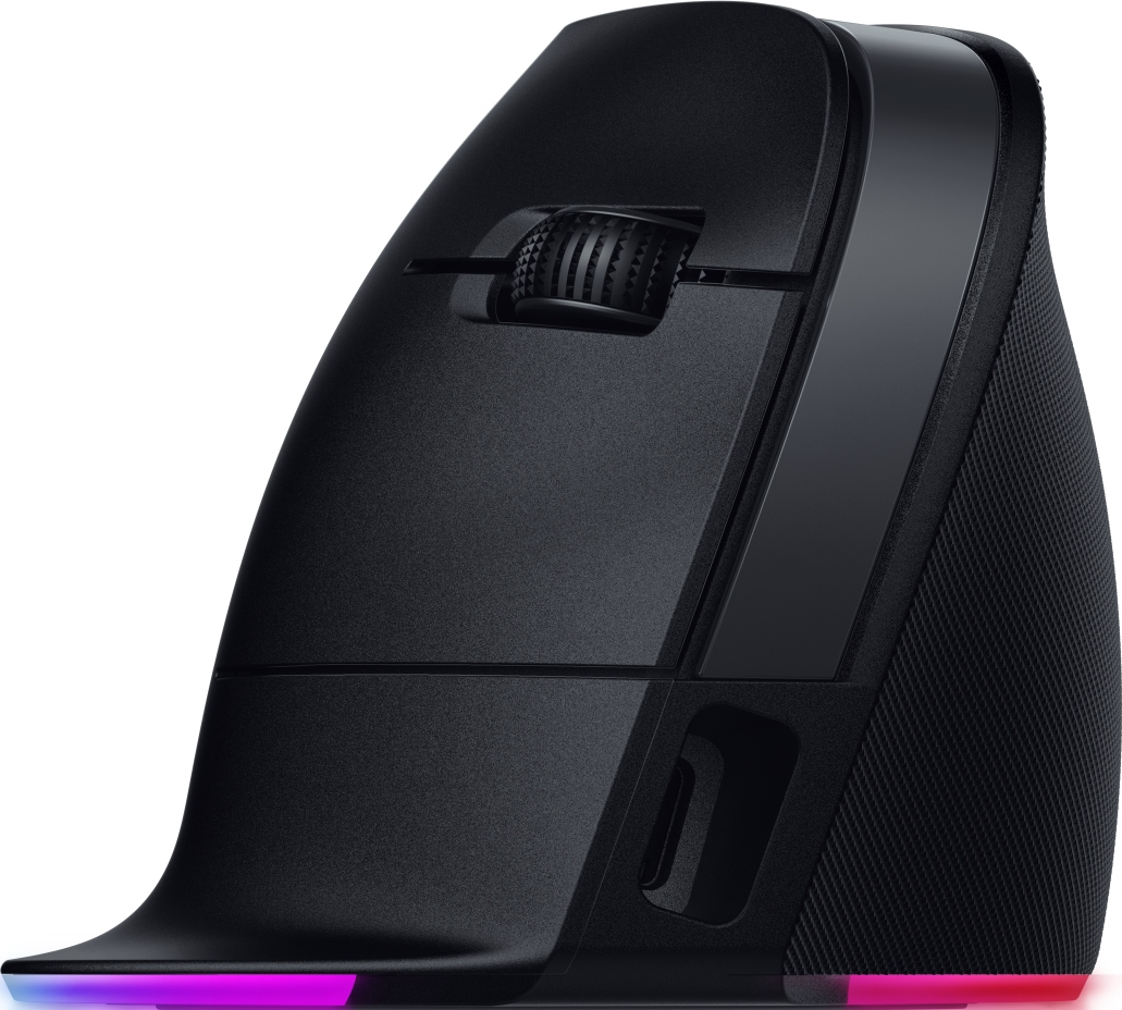 Mouse ergonomico nero con rotella di scorrimento e striscia luminosa colorata in basso.