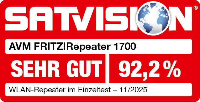 Rotes SATVISION-Banner mit Text: AVM FRITZ!Repeater 1700, SEHR GUT, 92,2 %. Enthält ein Weltkartenlogo und WLAN-Repeater-Infos.