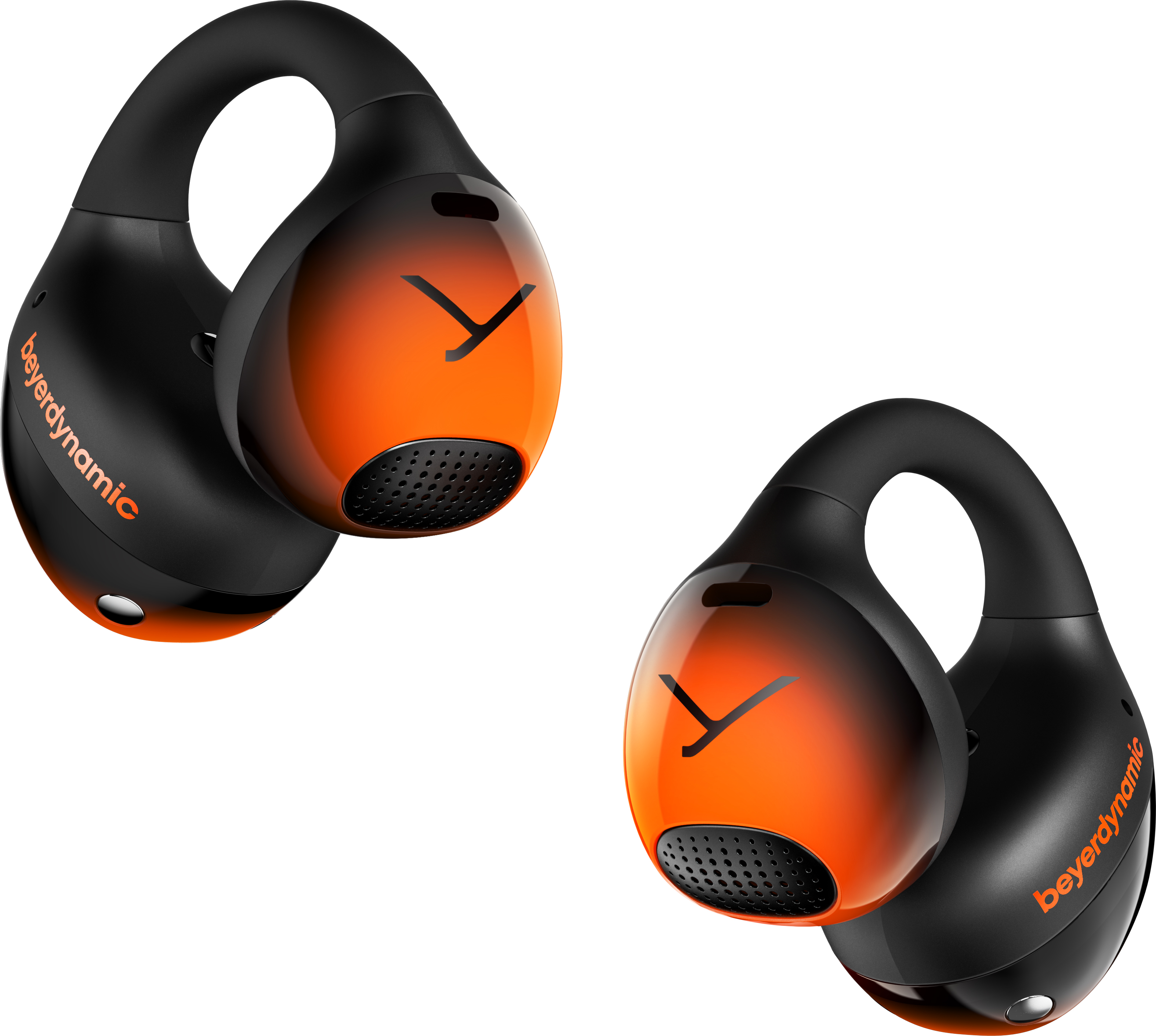 Deux écouteurs Beyerdynamic noirs et orange. Les écouteurs ont un design incurvé et un logo.