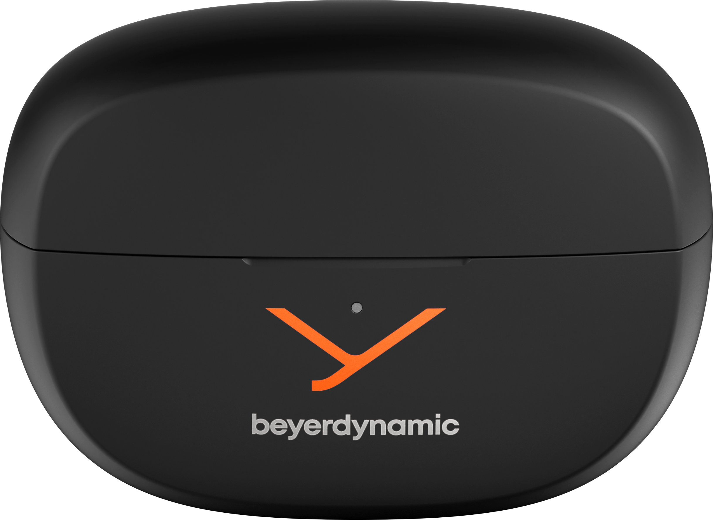 Étui noir ovale avec logo orange et texte blanc 'beyerdynamic'. Un petit point au-dessus du logo.