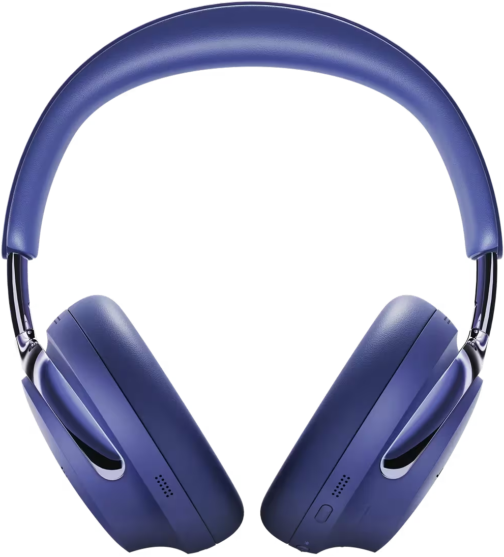 Casque circum-auriculaire bleu foncé sur fond noir. L'arceau se courbe, les écouteurs sont orientés vers le spectateur.