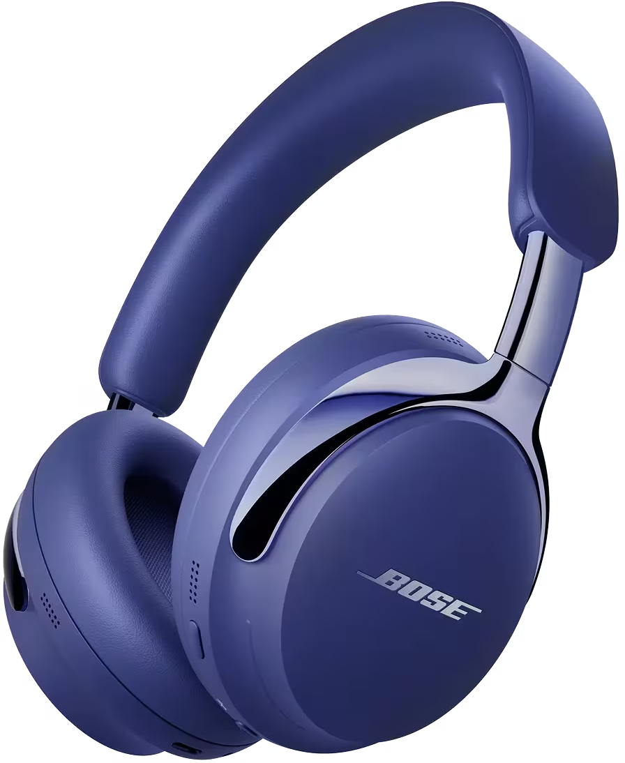 Une paire d'écouteurs Bose bleus à réduction de bruit. Les écouteurs ont un accent argenté métallique et le logo Bose est visible.