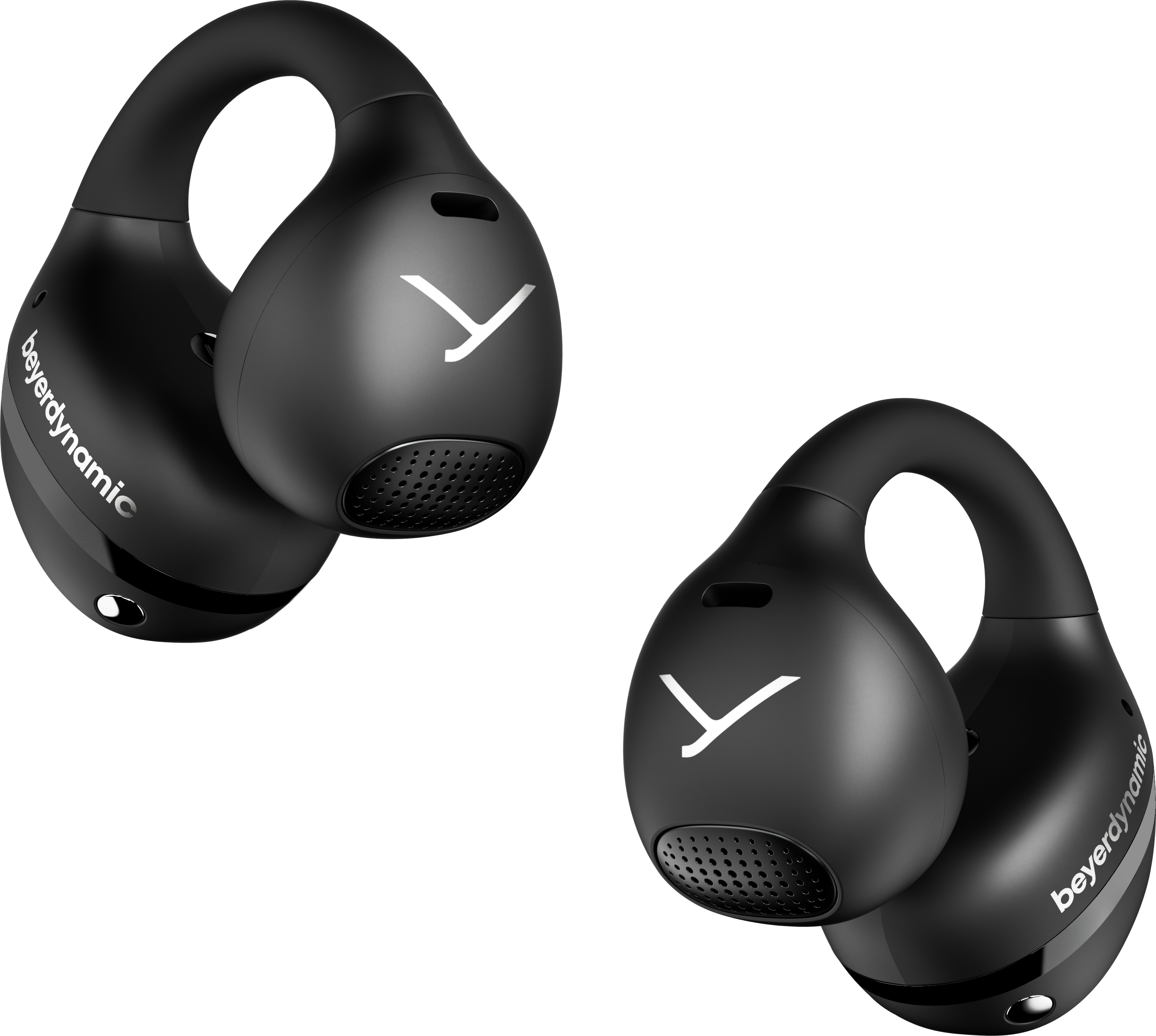 Zwei schwarze kabellose Beyerdynamic-Ohrhörer. Jeder hat ein weißes Logo und den Firmennamen.