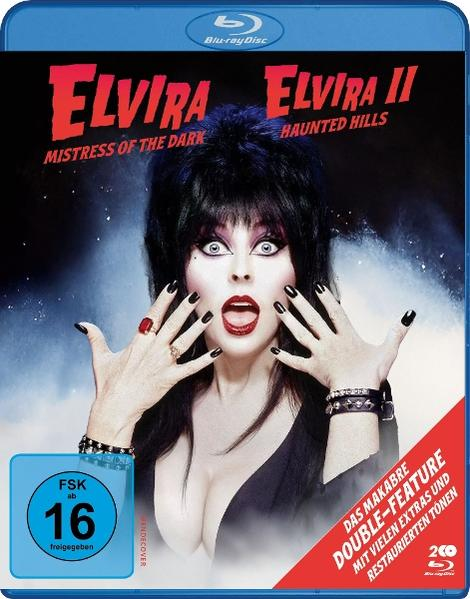Blu-ray-Cover: Elvira, Herrin der Dunkelheit. Elvira II, Haunted Hills. Elvira hat dunkles Haar, helle Haut und trägt ein schwarzes Kleid.