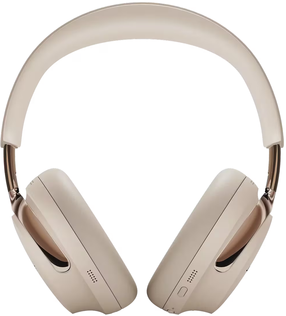 Cuffie wireless beige con archetto e padiglioni auricolari curvi. Accenti dorati visibili sulle cerniere. Lo sfondo è nero.