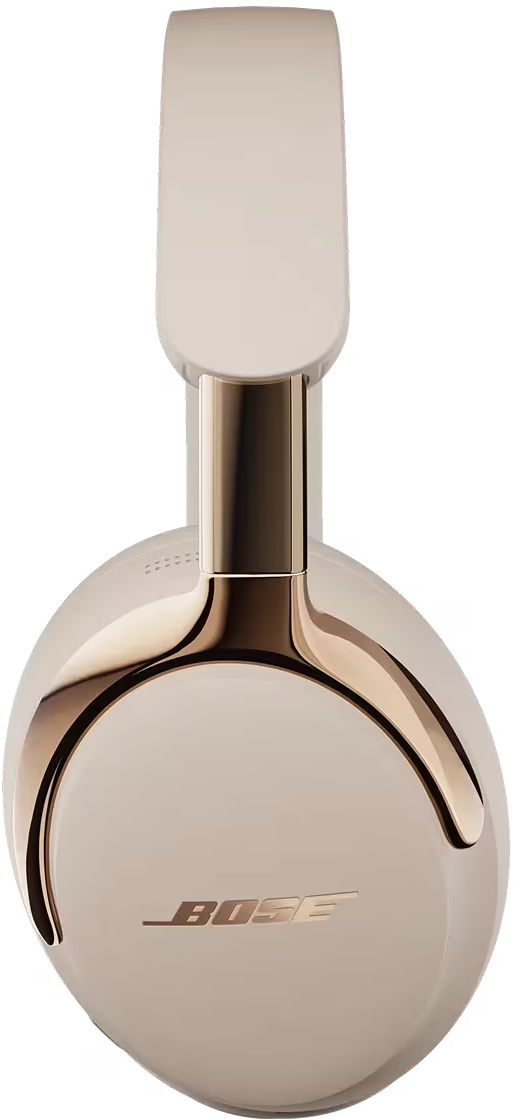 Cuffie Bose color crema con dettagli dorati. Il logo Bose è visibile. Lo sfondo è nero.