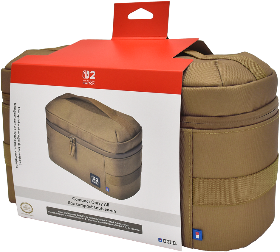 Una custodia da trasporto Nintendo Switch marrone con un coperchio di cartone rosso. La custodia ha un manico e una tasca. Testo: 'Compact Carry All'.
