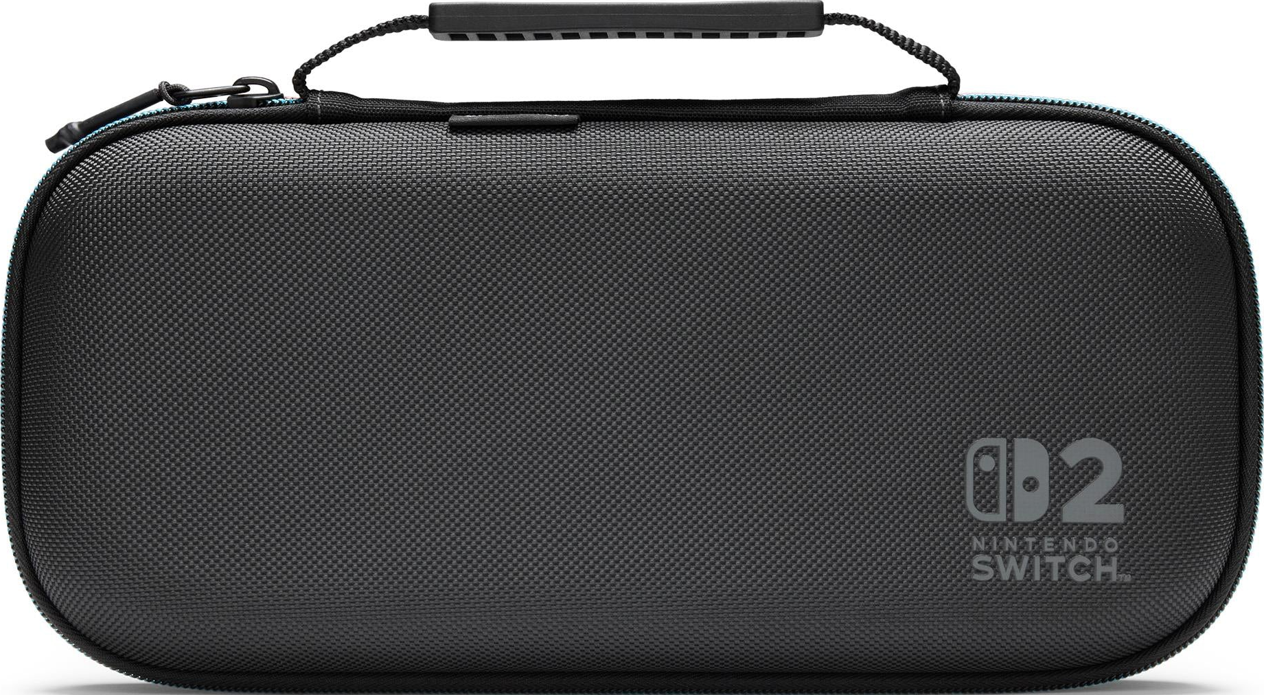 Una custodia nera per Nintendo Switch con manico. Il logo 'Nintendo Switch' è visibile. La custodia è di forma ovale.
