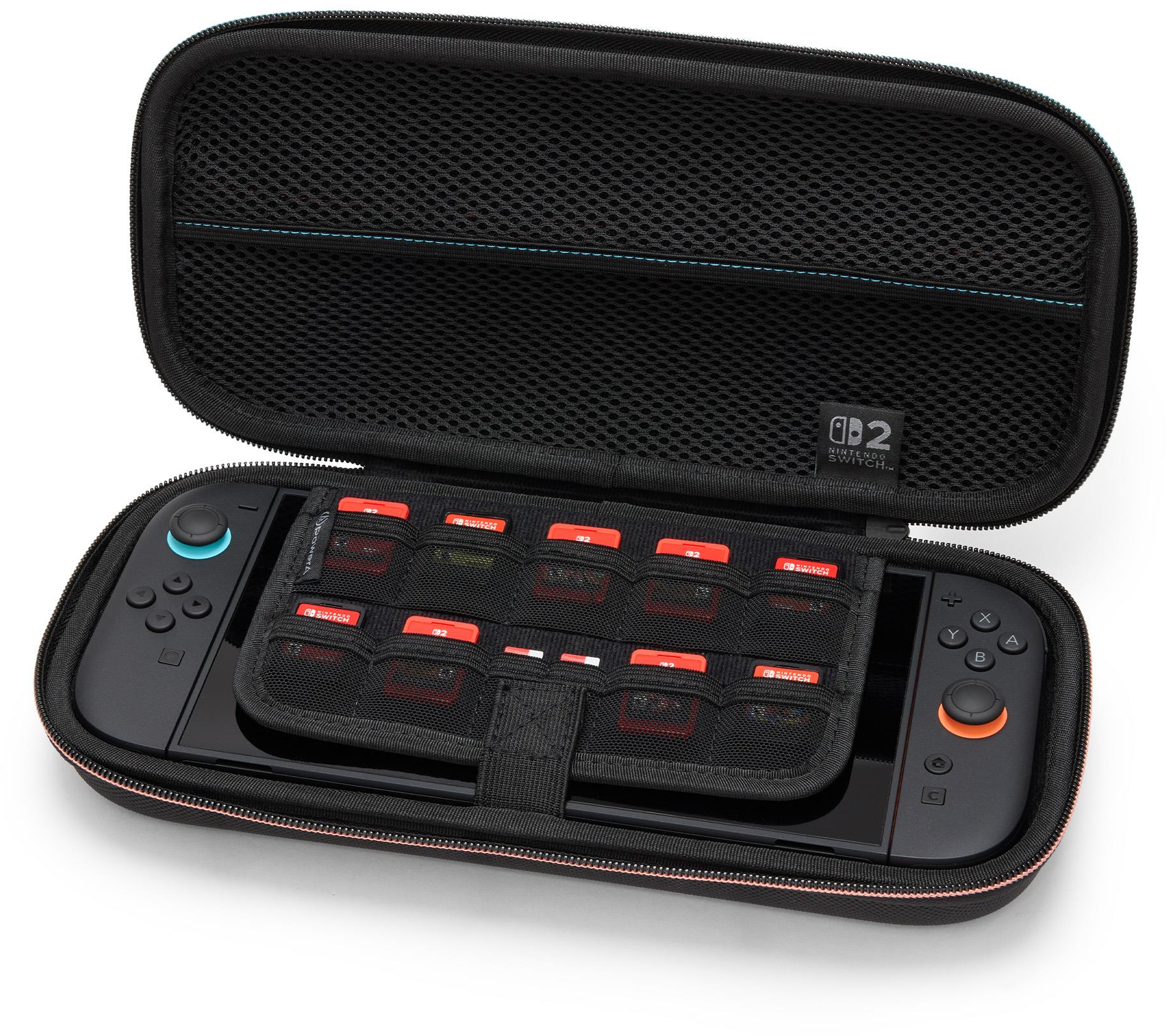 Custodia Nintendo Switch nera aperta con console all'interno. Cartucce di gioco visibili. Custodia su sfondo bianco.