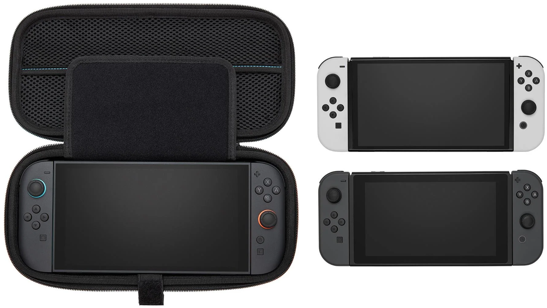 L'immagine mostra una console Switch nera in una custodia e due console Switch. Una è bianca e l'altra nera. Tutti sono su sfondo bianco.