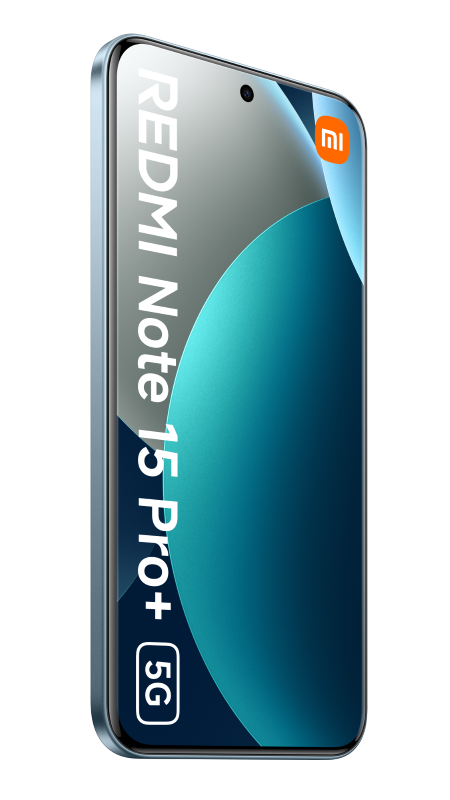 Smartfon Redmi Note 15 Pro+ 5G na czarnym tle. Ekran wyświetla turkusową grafikę z logo Xiaomi.