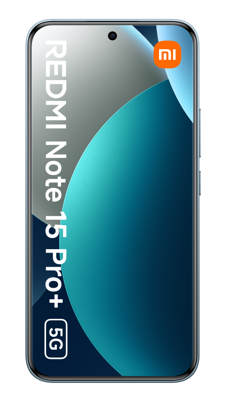 Smartfon z niebieską ramką. Ekran wyświetla gradient szarości i turkusu. Napisano na nim Redmi Note 15 Pro+ 5G.
