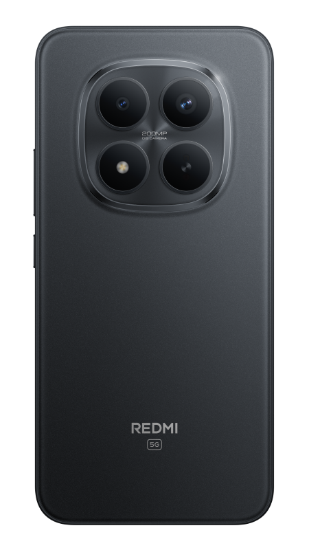 Tył czarnego telefonu Redmi. Posiada cztery obiektywy i logo Redmi.