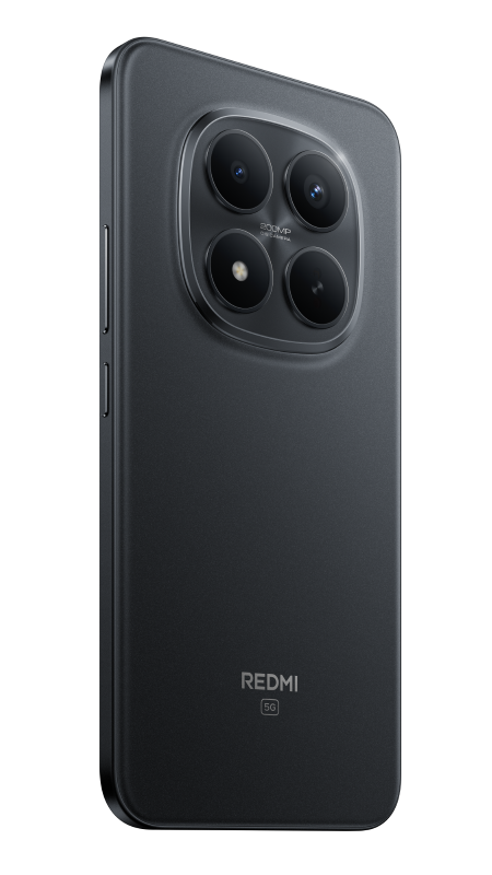 Ciemnoszary smartfon Redmi z poczwórnym aparatem i logo Redmi 5G na czarnym tle.