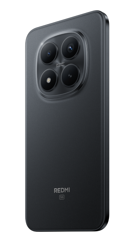 Tył ciemnoszarego smartfona. Okrągły układ kamer z czterema obiektywami. Widoczne słowo REDMI i logo 5G.