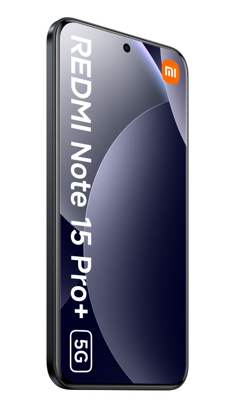Smartfon z czarną ramką i granatowym ekranem. Na ekranie napis 'Redmi Note 15 Pro+ 5G'. Widoczne pomarańczowe logo Xiaomi.
