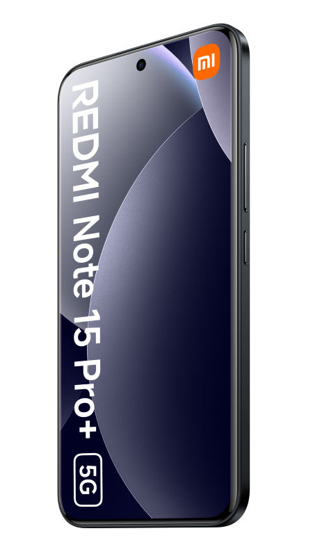 Smartfon Redmi Note 15 Pro+ 5G na czarnym tle. Ekran wyświetla niebieski gradient i logo Xiaomi.