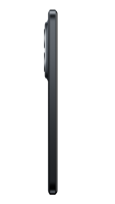 Widok z boku ciemnoszarego smartfona z modułem aparatu. Tło jest czarne.