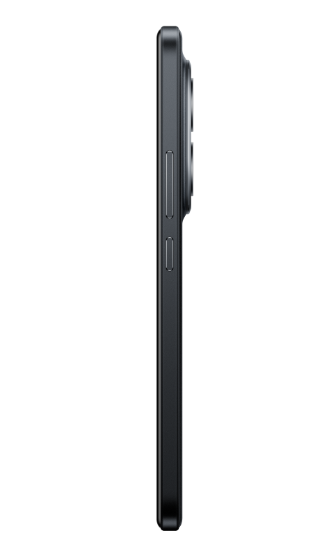 Widok z boku ciemnoszarego smartfona, pokazujący przyciski i obiektywy. Tło jest czarne.