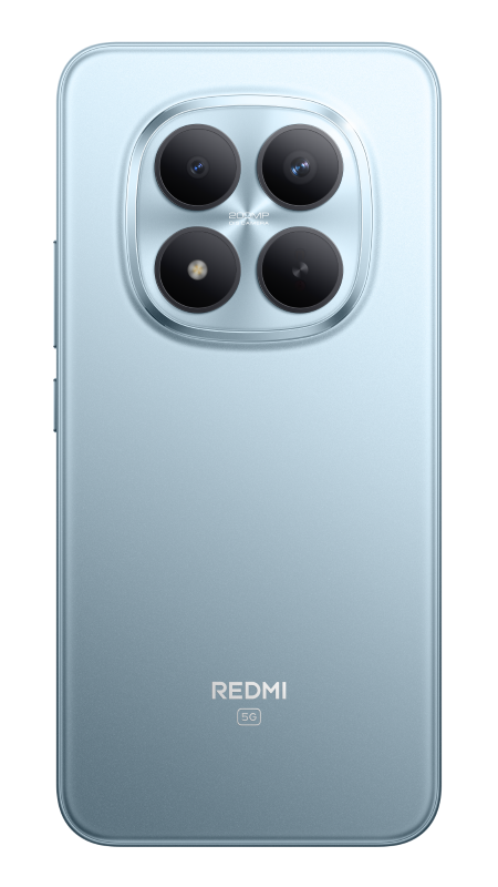 Tył jasnoniebieskiego telefonu Redmi. Posiada cztery aparaty i logo Redmi.