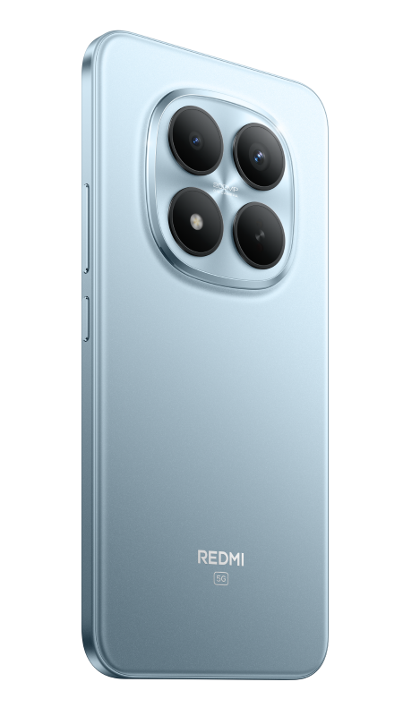 Jasnoniebieski telefon Redmi 5G. Ma cztery tylne kamery, srebrną obwódkę i logo Redmi.