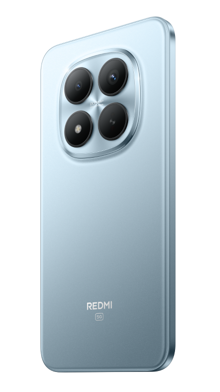 Jasnoniebieski smartfon z czterema obiektywami. Logo Redmi i 5G widoczne z tyłu. Tło jest czarne.