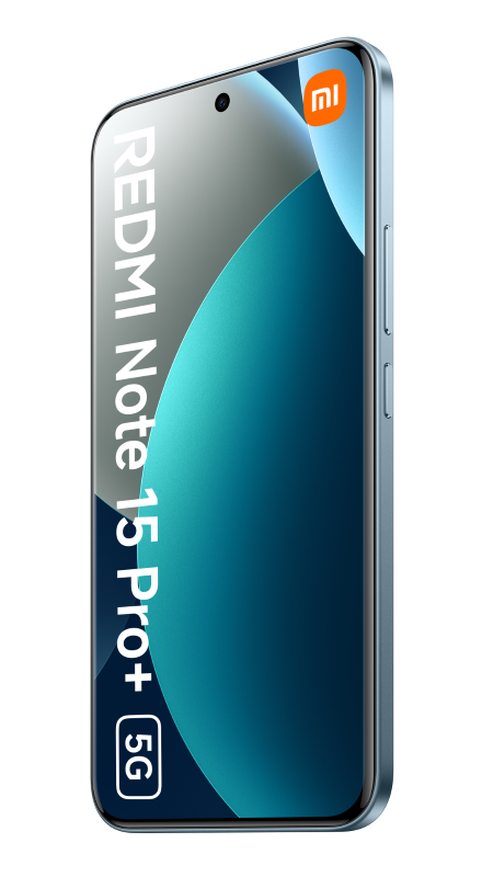 Smartfon z zakrzywionym ekranem, tekstem 'REDMI Note 15 Pro+ 5G' i logo Xiaomi. Jest jasnoniebieski na czarnym tle.