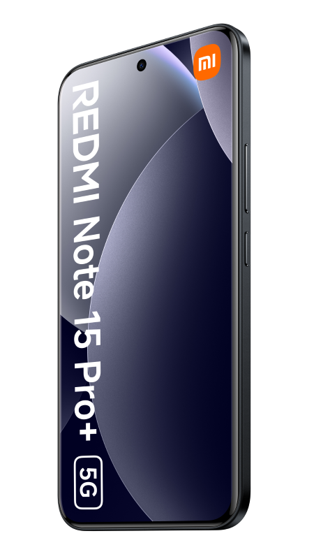 Smartfon Redmi Note 15 Pro+ 5G na czarnym tle. Ma zakrzywiony ekran z logo Xiaomi i nazwą telefonu.