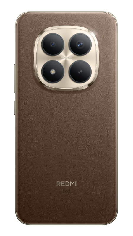 Brązowy tył telefonu o fakturze skóry z modułem aparatu z czterema obiektywami. Widoczne logo Redmi i oznaczenie 5G.