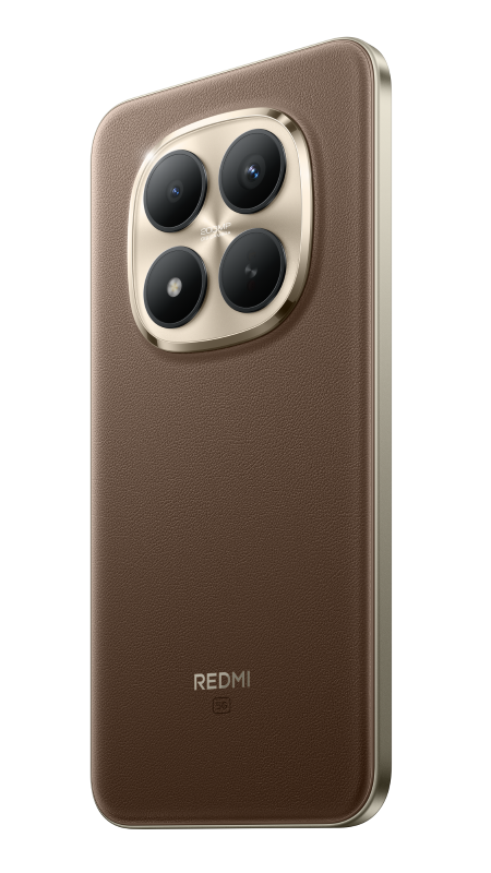 Brązowy skórzany telefon z czterema kamerami w złotych obwódkach. Tył ma logo Redmi. Krawędzie są złote.