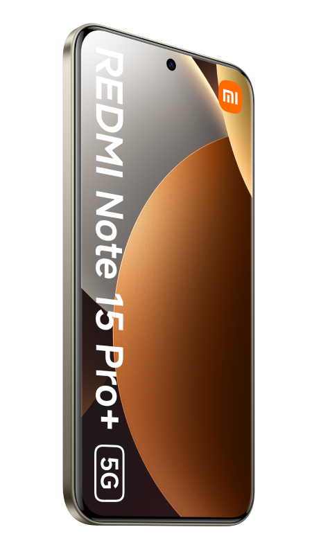 Smartfon z napisem 'Redmi Note 15 Pro+ 5G'. Logo Xiaomi znajduje się w prawym górnym rogu.