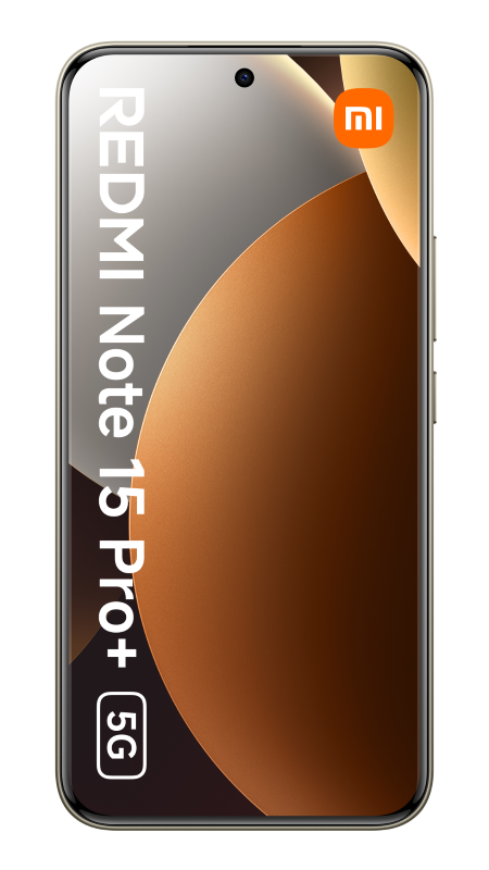 Smartfon z zakrzywionym ekranem. Posiada logo Redmi Note 15 Pro+ 5G. Logo Xiaomi znajduje się w prawym górnym rogu.